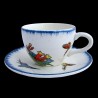Majolica tea cup and saucer swallow butterfly sparrow and bells