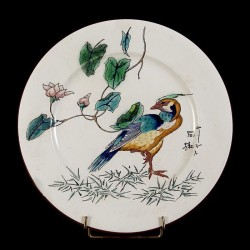 Oiseau bleu vert sur une patte & Rosier assiette D 25, 5 cm